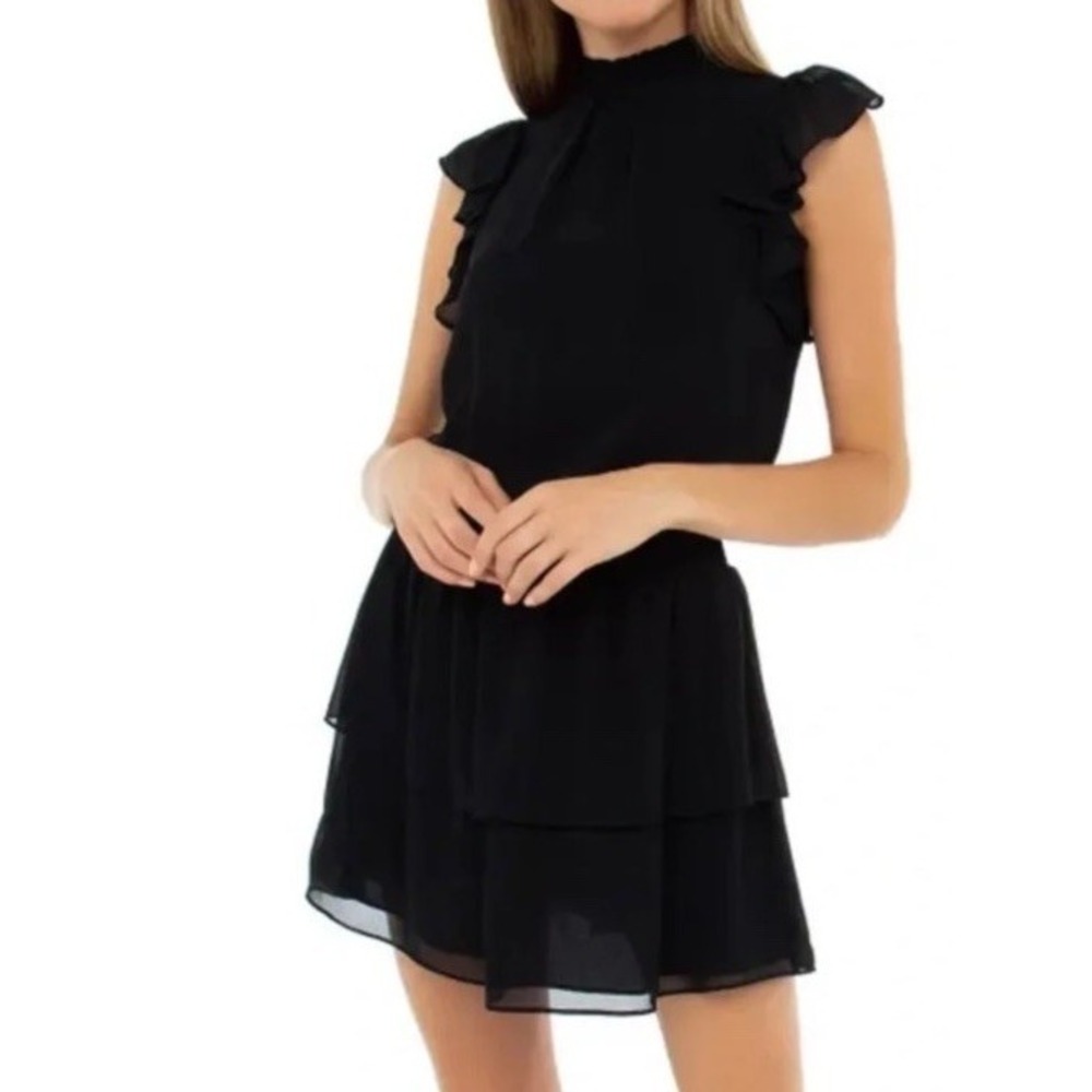 (b26/10)NWT 1 State M Mock Neck Flutter Mini Dress Black Ruffle Size Small